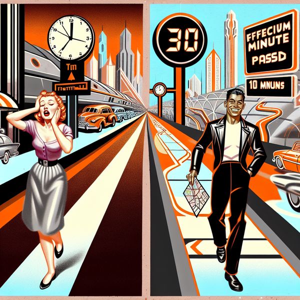 Tijd besparen met efficiënte routes - Nederlands leren met minder inspanning Retro-futuristische illustratie van twee routes in een stad: een lange, vermoeiende weg en een korte, efficiënte route die tijd bespaart