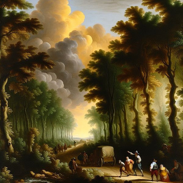 Tijd besparen tijdens reis: schilderij van reizigers die eerder aankomen in dorp 17e-eeuws Nederlands landschap met reizigers op een kronkelend bospad, zonlicht filtert door dramatische wolken, dorp in de verte zichtbaar
