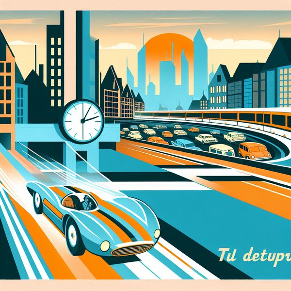 Tijd besparen door efficiënt reizen - retro stadsscène met file en snelle route Retro-futuristische illustratie van een stad met een snelle auto die een file omzeilt, tijd besparend door een kortere route te nemen