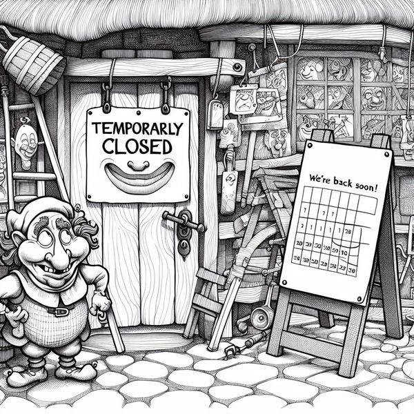 Tijdelijk gesloten winkel tijdens renovatie - Nederlandse uitdrukking 'even' Kleurrijke cartoonwinkel met 'Tijdelijk Gesloten' bord tijdens renovatie, met expressieve personages en speelse details