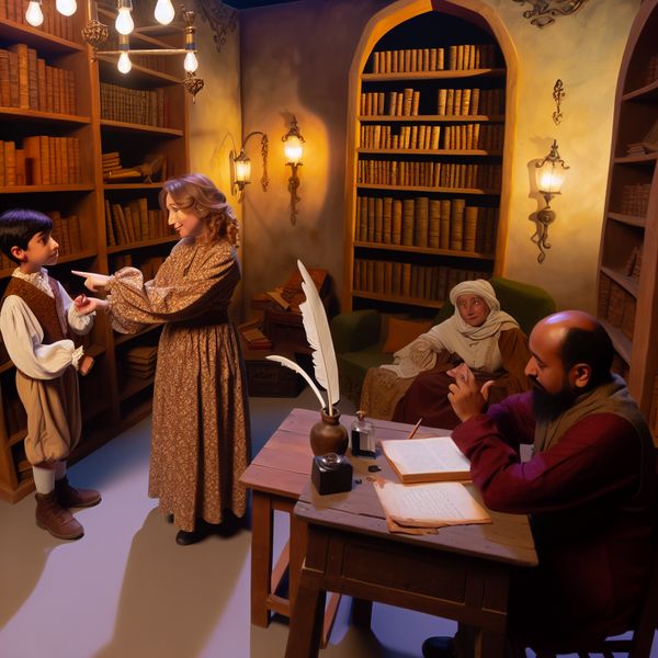 Vriendelijke bibliothecaris geeft een boek tijdelijk aan een jong persoon in een nostalgische bibliotheek, terwijl iemand anders een pen leent