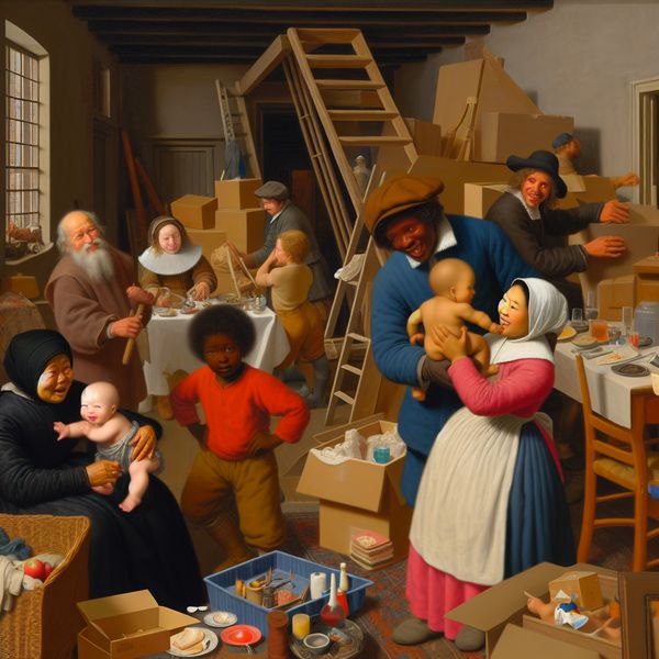 Tijdelijk Wonen: Een Vrolijke Familiescène in de Stijl van Jan Steen Een levendige familiescène die tijdelijk wonen illustreert, met een vrolijk gezin bezig met dagelijkse activiteiten in een gezellige woonkamer.