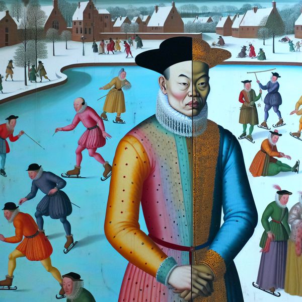 Tijdelijke emotie in wintertafereel: vrolijkheid en somberheid in één moment Illustratie van een tijdelijke gemoedstoestand in een levendige winterse scène op een bevroren kanaal, met een persoon die zowel vrolijk als somber kijkt
