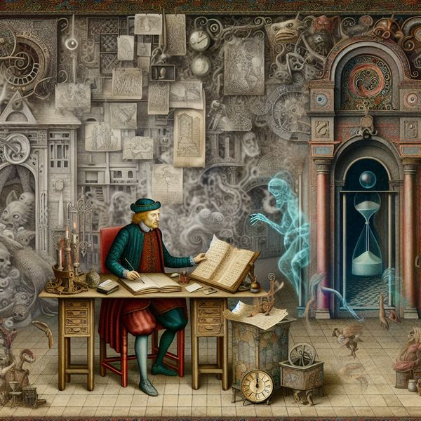 Tijdelijke vervanging in middeleeuws kantoor - surrealistische illustratie van vervanging Surrealistisch kantoor in Bosch-stijl met een tijdelijke vervanger aan een bureau, omringd door symbolische wezens en een spookachtige figuur die de oorspronkelijke functiehouder voorstelt