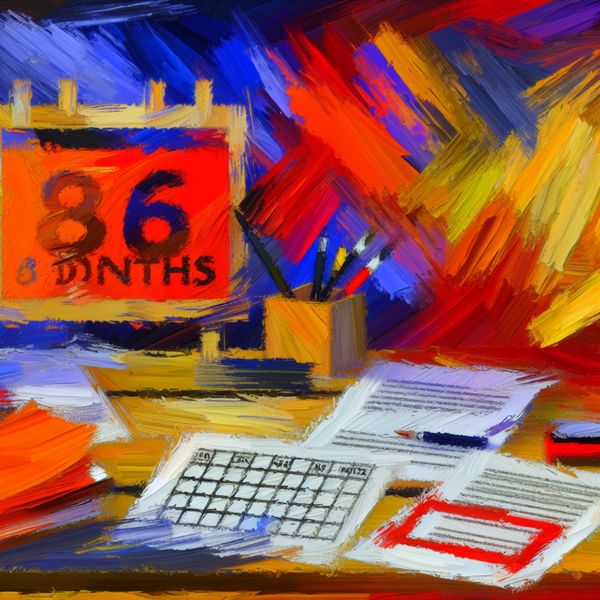 Tijdelijke werkplek abstract weergegeven in expressionistische stijl Abstract expressionistisch kunstwerk van een tijdelijke werksituatie met bureau, kalender met 6 maanden aftelling en contract met vervagende inkt in felle kleuren