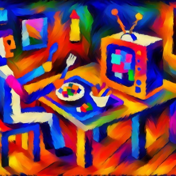 Tijdens eten televisie kijken - omstandigheid in abstracte kunst voor taalonderwijs Abstracte voorstelling van een persoon die eet terwijl hij naar het nieuws op televisie kijkt, in expressieve stijl van Karel Appel