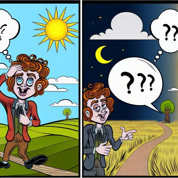 Illustratie tijdsaanduiding 'eer' in samengestelde zinnen voor Nederlands leren Cartoonachtige scène met een personage dat eerst nadenkt en later zelfverzekerd antwoordt, illustrerend het begrip 'eer' in tijdsaanduidingen voor taalonderwijs