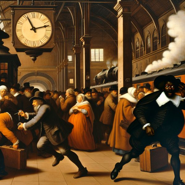 Schilderij in de stijl van Frans Hals van een persoon die zich haast door een druk 17e-eeuws Nederlands treinstation, met een klok die laat zien dat de tijd bijna op is