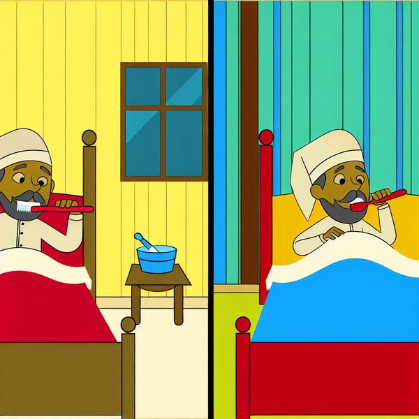 Tijdsvolgorde illustratie: voor en na het slapengaan - Nederlands leren Minimalistische illustratie van een persoon die 's avonds zijn tanden poetst en daarna vredig in bed ligt, ter verduidelijking van tijdsvolgorde voor taalonderwijs