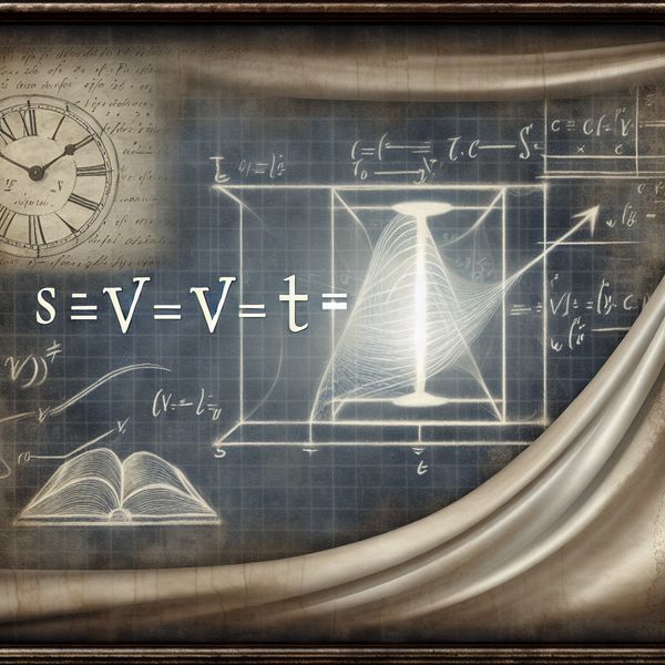 Tijdsymbool in natuurkunde formule: s = v * t met uitleg en grafiek Wetenschappelijke illustratie van de formule s = v * t met nadruk op de letter t als symbool voor tijd, omringd door een grafiek, klok en tijdsgerelateerde elementen