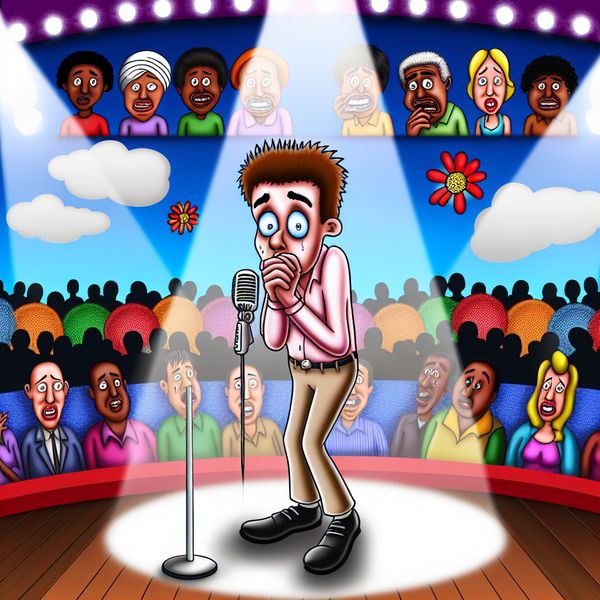Timide karakter op het podium - Lachen om lafheid Cartoonachtige afbeelding van een timide karakter dat nerveus op een podium staat, omringd door een spotlight. Het personage toont angstige kenmerken met grote ogen en een trillende houding, terwijl het een microfoon vasthoudt maar wegkijkt van het publiek.