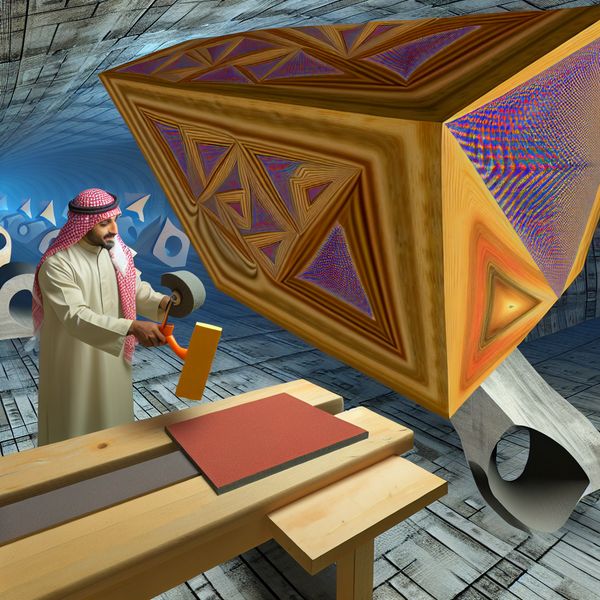Timmerman Gladmaken van Hout in Surrealistische Werkplaats Surrealistische afbeelding van een timmerman die een enorme houten plank gladmaakt met schuurpapier in een fantastievolle werkplaats.