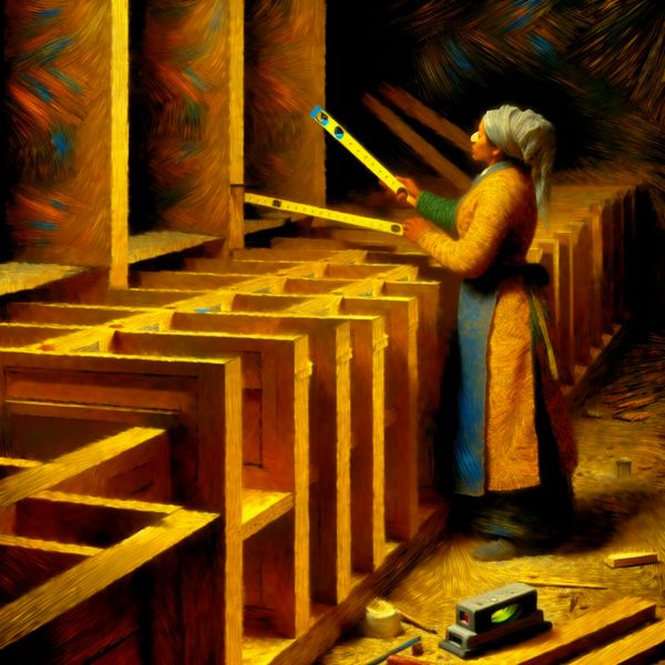 Timmerman ordent keukenkasten in technische volgorde - Van Gogh-stijl schilderij Schilderij in Van Gogh-stijl van een timmerman die houten keukenkasten nauwkeurig ordent en uitlijnt tijdens de bouw