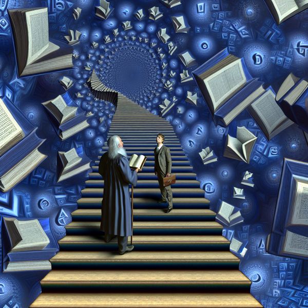 Betekenis van de titel professor als academische aanspreekvorm en eerbetoon Surrealistische academische scène in de stijl van M.C. Escher met een student die een professor met respect aanspreekt op een onmogelijke trap, omringd door zwevende boeken en optische illusies