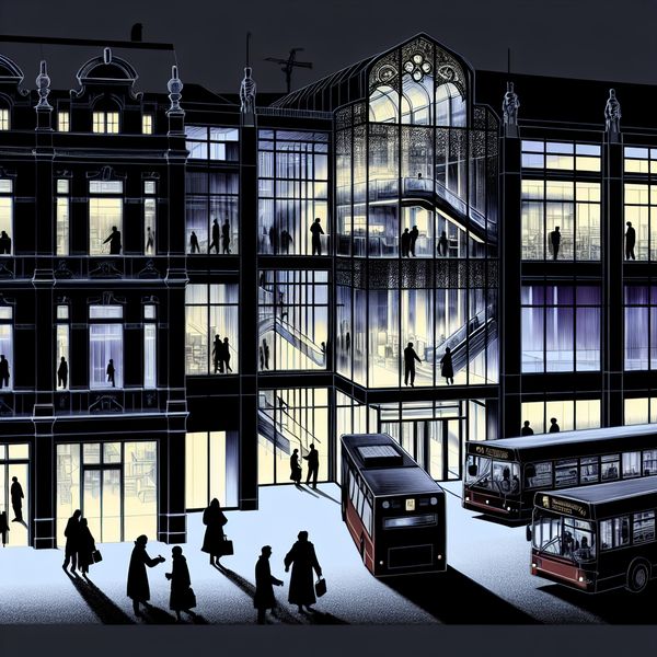 Toegankelijk kantoorgebouw met grote deuren Moderne kantoorgebouw met grote uitnodigende deuren en een transparante glazen gevel, mensen die in- en uitlopen, stadsbussen op de achtergrond