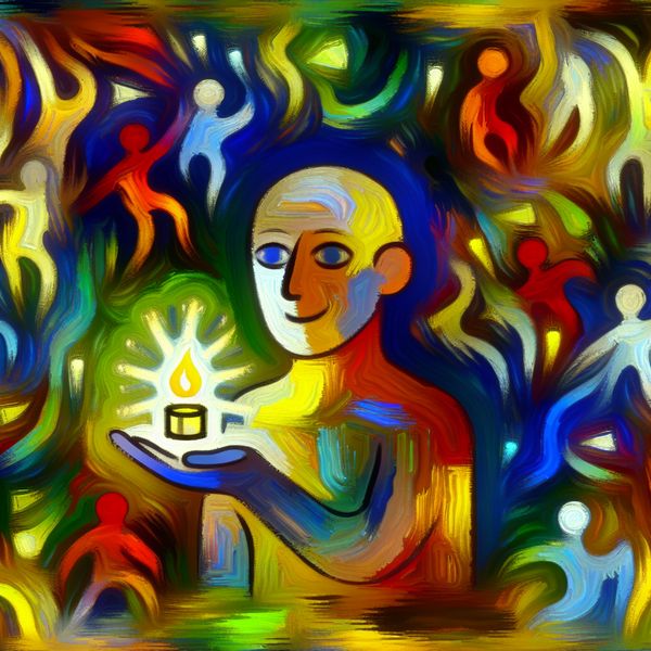 Toegeven aan fouten: abstracte illustratie voor taalonderwijs en zelfacceptatie Abstracte voorstelling van een persoon die lichtjes schaapachtig een kleine fout of vergetelheid toegeeft, omringd door kleurrijke, zwierige vormen in de stijl van Karel Appel