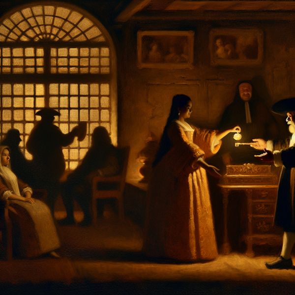 17e-eeuwse scène van een notaris die een sleutel of document overhandigt aan een jonge vrouw, symboliserend rechtmatig toekomend erfdeel of beloning
