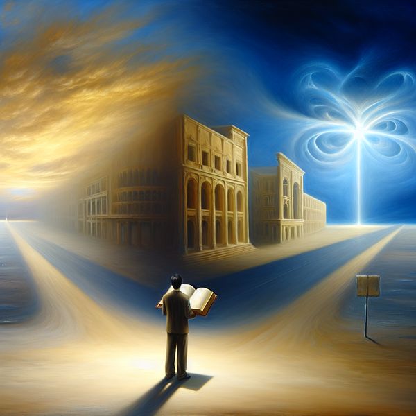 Surrealistisch tafereel van hoop en toekomstdromen met lege boekpagina's Persoon met open boek met lege pagina's bij kruispunt in surrealistisch landschap, symboliserend hoop en mogelijkheden voor de toekomst