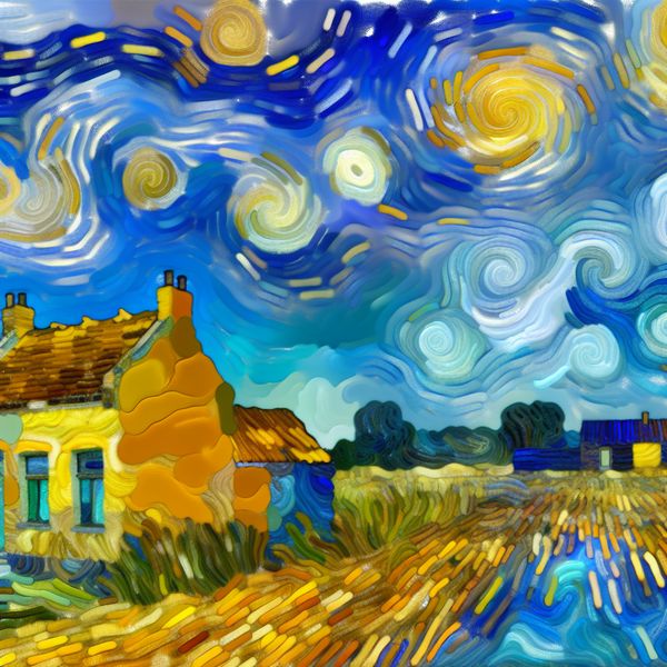 Toekomstvisioen in Van Gogh-stijl: tijd en dromen over wat nog komen gaat Droomachtig landschap in Van Gogh-stijl met een gezellig huis in het heden en een surrealistisch toekomstbeeld, symboliserend 'de tijd die nog moet komen'