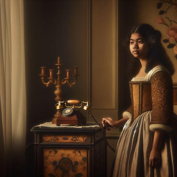 Toekomstige Anticipatie in Hollandse Huiselijke Setting Jonge vrouw naast vintage telefoon in zacht verlichte kamer, stijl van Gerard ter Borch