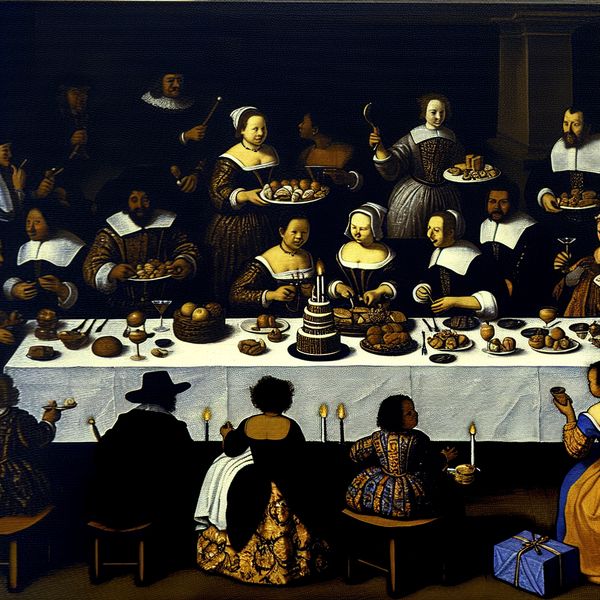 Toekomstige Verjaardagsviering in Elegante Setting Een elegant feest in een sfeervol verlichte kamer met een gedekte tafel en feestende gasten