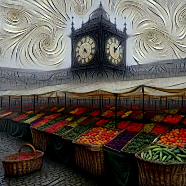 Toekomstplanning op een Europese Markt in de Stijl van Félicien Rops Vrouw plant toekomstplannen op Europese markt met klokkentoren in Félicien Rops stijl