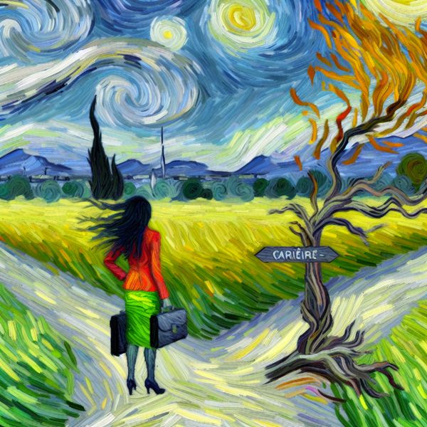 Levensbeslissing in Van Gogh-stijl: overgang naar nieuwe toestand Persoon bij kruispunt in Van Gogh-stijl met zwierige penseelstreken, symboliserend een levensveranderende keuze tussen carrière en nieuwe toestand