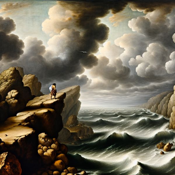 Toestand van financiële uitdaging en veerkracht in dramatisch landschap Eenzame figuur op rotsklif met stormachtige zee en dramatische lucht, symboliserend financiële moeilijkheden en veerkracht