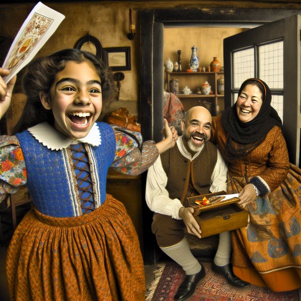 Toestemming voor het feestje: een vrolijke gezinsbijeenkomst Een jonge meid in een gezellige woonkamer houdt een briefje vast met blijdschap, terwijl haar ouders naar haar glimlachen.