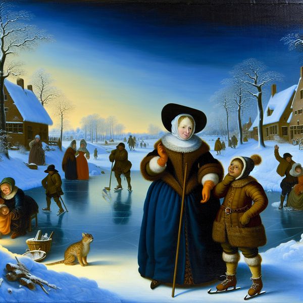 Toestemming met tegenzin: historische wintertafereel met ouder en kind bij bevroren kanaal 17e-eeuwse Nederlandse wintertafereel met ouder en kind bij een bevroren kanaal, waarbij de ouder met tegenzin toestemming geeft voor nog één uur spelen