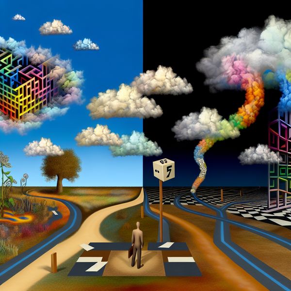 Een persoon staat op een kruispunt dat de keuze tussen succes en misfortune symboliseert, met een surrealistische lucht vol dobbelstenen en loterijbonnen.