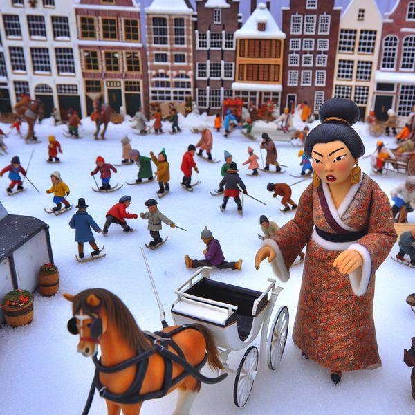 Toeval in winterse setting: onverwacht parkeerplekje vinden in druk Nederlands stadsplein Vrolijke winterse stadsplein-scène in Nederlandse stijl met verraste persoon die per toeval een vrije parkeerplek vindt naast een paard-en-wagen
