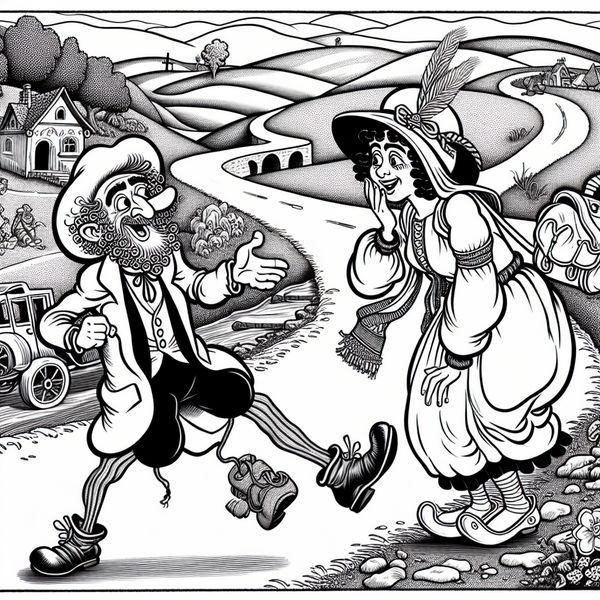 Reiziger met verraste blik botst toevallig op oude vriend tijdens wandeling in nostalgisch cartoonlandschap