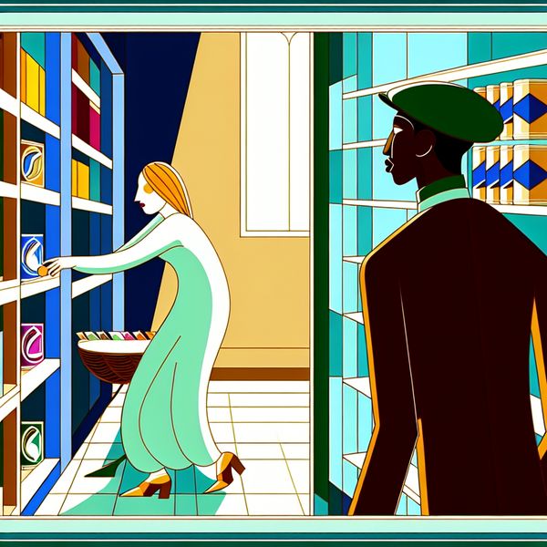 Onverwachte ontmoeting in retro supermarkt - toevallige gebeurtenis illustratie Twee mensen ontmoeten elkaar onverwacht in een geometrische supermarkt met retro-futuristisch design, hun blikken kruisen in een toevallig moment