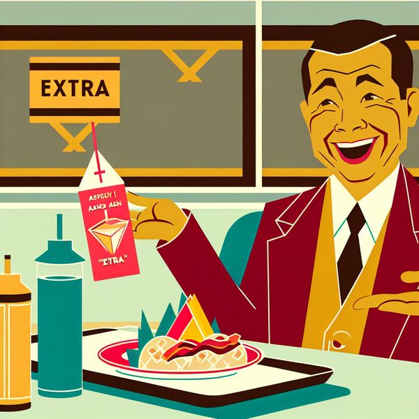 Toevoeging of bonus bij maaltijd - retro diner illustratie voor taalonderwijs Vrolijke klant aan dinertoog met kleurrijk bord eten en een gestileerde bonusdrank met label 'extra' in retro-futuristische stijl