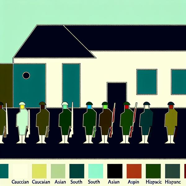 Toezicht door soldaten bij kazerne - minimalistische illustratie voor taalonderwijs Minimalistische illustratie van soldaten die de wacht houden bij een militaire kazerne, in de stijl van Dick Bruna