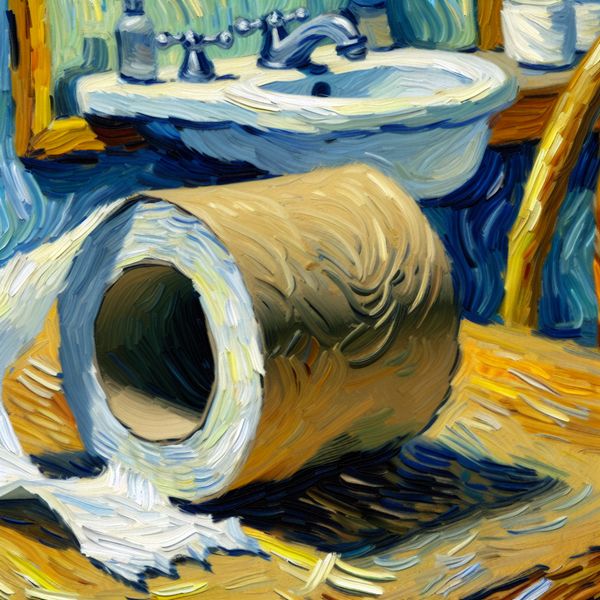 Expressieve Van Gogh-stijl afbeelding van een kartonnen toiletpapierrol die afrolt op een houten tafel in een badkamer, met dikke penseelstreken en levendige kleuren
