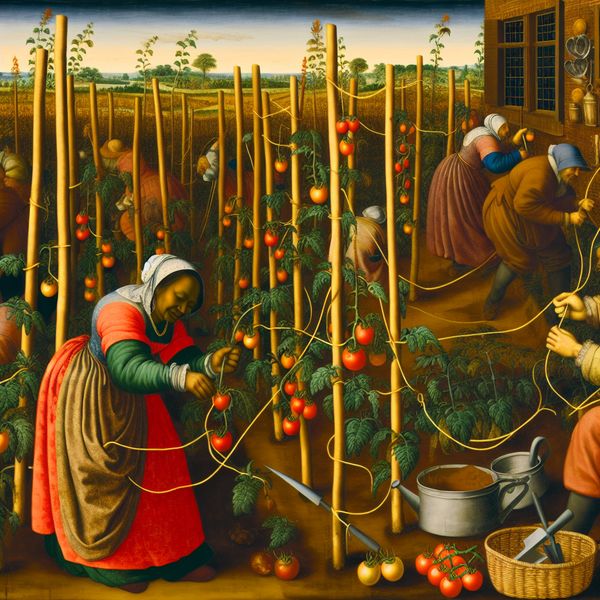 Tuinieren in de moestuin: planten aan stokken vastbinden voor steun 17e-eeuwse Nederlandse moestuinscène met persoon die tomatenplanten aan houten stokken vastbindt met touw