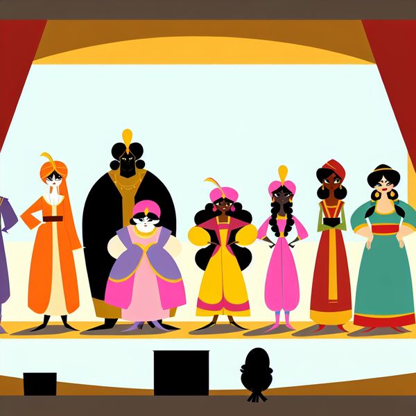 Toneelbezetting illustratie: diverse cast in expressieve kostuums voor taalonderwijs Minimalistische illustratie van een diverse toneelbezetting in kleurrijke kostuums, geïnspireerd op Dick Bruna-stijl