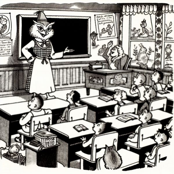 Toonder-stijl klaslokaal met antropomorfe leraar Cartoon van een dierlijke lerares in een klaslokaal in Toonder-stijl