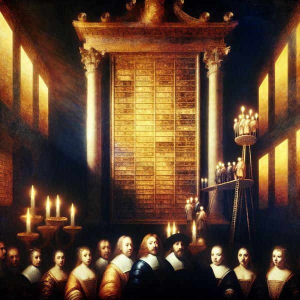 Grote, kaarsverlichte ranglijst in Rembrandt-stijl met trots geklede figuren op de hoogste posities, omringd door bewonderende blikken