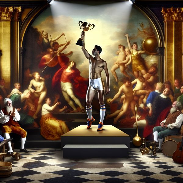 Topper betekenis: uitzonderlijk talent in sport, muziek of werk - Barokke illustratie Barokke voorstelling van een triomferende atleet op een podium met een gouden trofee, omringd door juichende bewonderaars, symboliserend uitzonderlijk talent in sport, muziek of werk