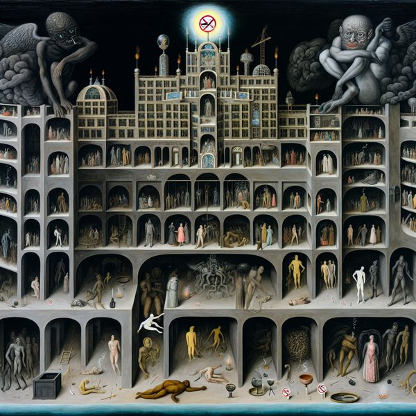 Surrealistisch tafereel in de stijl van Hieronymus Bosch van een groot fantastisch gebouw waar niemand rookt, met een reusachtig gloeiend 'verboden te roken'-symbool erboven