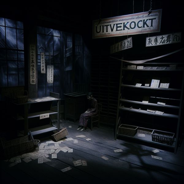 Totaal uitverkocht winkelbeeld in gothic-stijl voor taalonderwijs Donkere, symbolische illustratie van een lege winkel met kale schappen en rekken, een 'UITVERKOCHT' bord en een vermoeide winkelier, in gothic-stijl