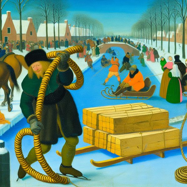 Historische Nederlandse wintertafereel met een man die houten kisten vastbindt op een slee met dik touw op een bevroren kanaal