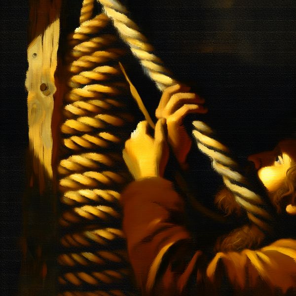 Handen die zorgvuldig een dik touw in een spiraal om een houten tentpaal wikkelen, met sterke licht-donkercontrasten in Rembrandt-stijl