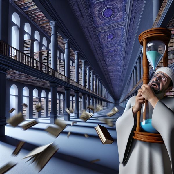 Onmogelijkheid van toveren: tijd en geduld in een surrealistische bibliotheek Persoon in surrealistische bibliotheek met zwevende boeken en een zandloper, symboliserend dat tijd niet te toveren is