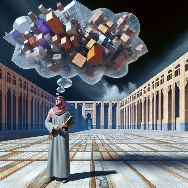 Traag van begrip: surrealistische weergave van verwarring bij eenvoudige taken Persoon in surrealistische stad kijkt verward naar een omgekeerde handleiding, met complexe gedachten over eenvoudige taken in een gedachtewolk