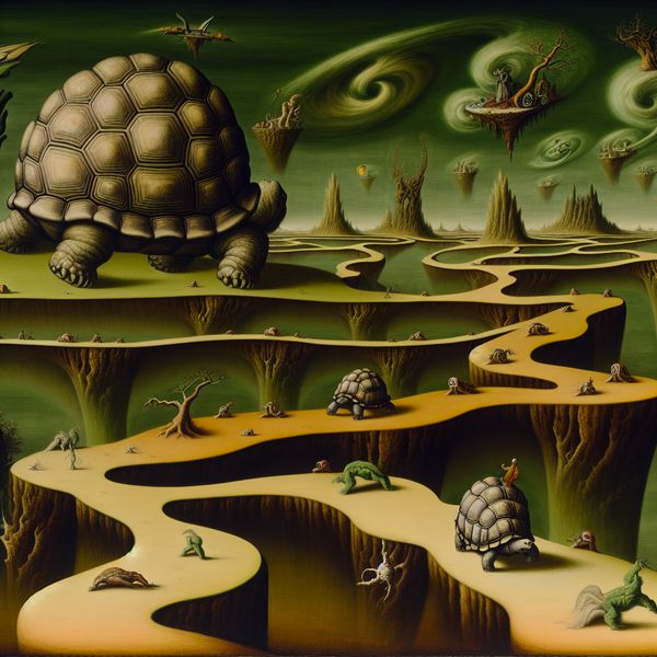 Surrealistisch landschap in de stijl van Hieronymus Bosch met een reusachtige, gedetailleerde schildpad die traag over een kronkelend pad beweegt, omringd door bizarre wezens en obstakels