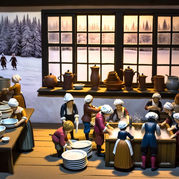 Gezellige 17e-eeuwse Nederlandse keuken waar een groep mensen samen de vuile vaat na het eten met water en zeep schoonmaakt, winterse buitenomgeving met schaatsers